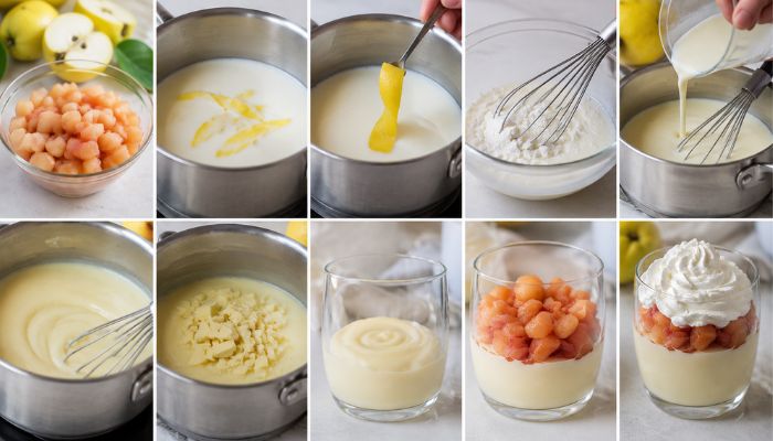 Passaggi per preparare il fool alla frutta senza uova, dalla crema al limone alla composizione con frutta e panna montata