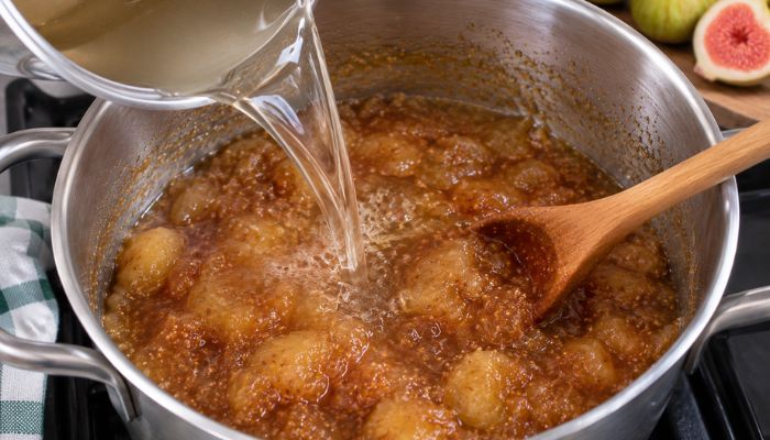 Sciroppo di zucchero versato sui fichi già cotti per preparare la confettura di fichi