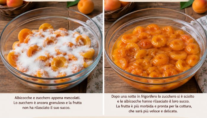 Albicocche con zucchero prima della macerazione e dopo una notte, quando lo zucchero si è sciolto formando uno sciroppo