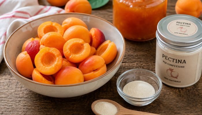 Albicocche fresche con pectina in polvere e confettura di albicocche