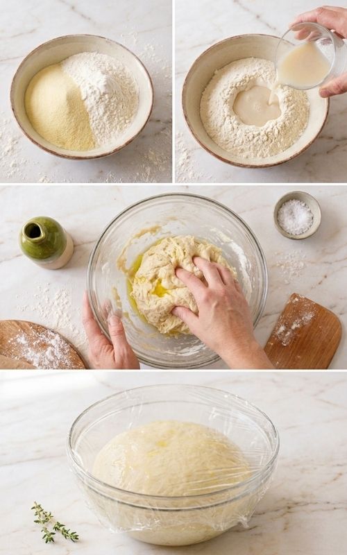 Preparazione dell'impasto delle pizzette ai fichi, dalla miscela delle farine alla lievitazione