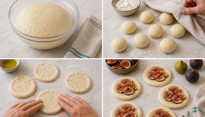Passaggi per preparare le pizzette ai fichi: impasto lievitato, palline di impasto, dischi di pasta e fichi