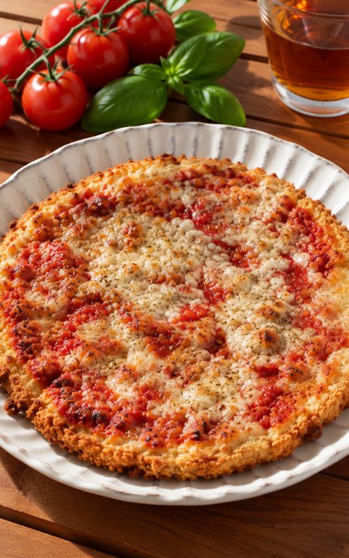 Pizza di petto di pollo senza glutine con pomodoro e mozzarella servita su un piatto bianco.