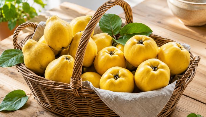 Cesto con mele cotogne e pere cotogne fresche