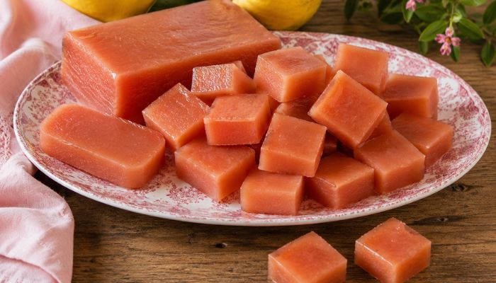 Cotognata fatta in casa tagliata a pezzi con mele cotogne sullo sfondo