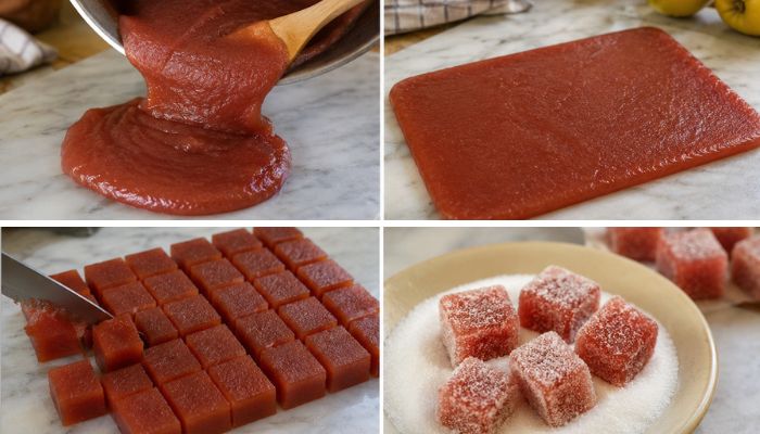 Preparazione della cotognata senza formelle: versare, stendere, raffreddare, tagliare a cubetti e passare nello zucchero