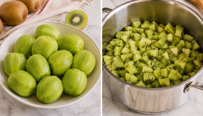 iwi a pezzi con zucchero e succo di limone nella pentola