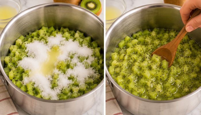 Kiwi tagliati con zucchero e succo di limone mescolati nella pentola prima del riposo