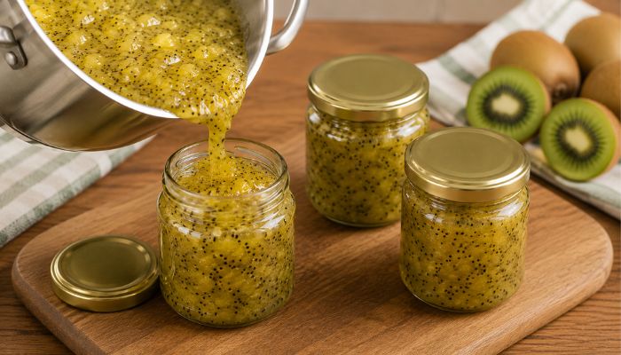 Marmellata di kiwi pronta versata nei vasetti di vetro