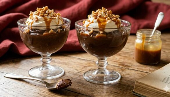 Coppetta di crema di avocado al cioccolato con colata di caramello e arachidi