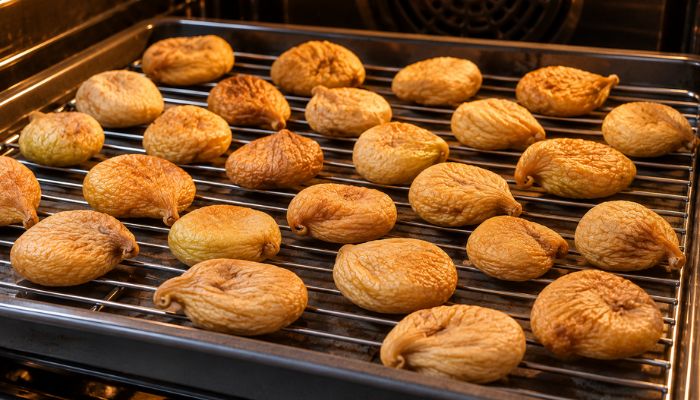 Fichi interi disposti su una griglia all’interno del forno durante l’essiccazione