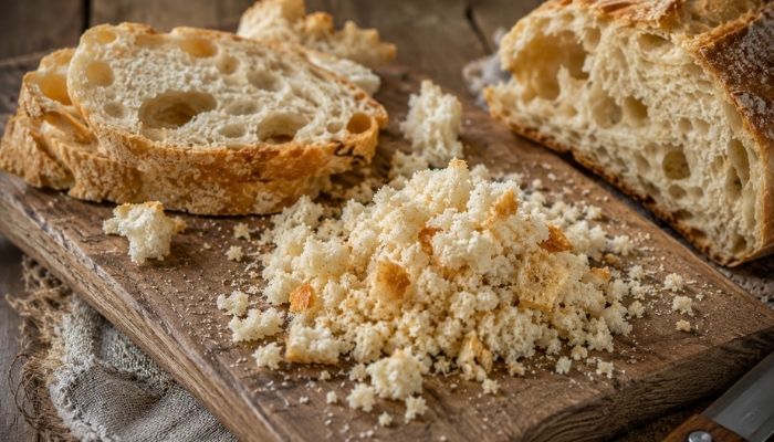 Mollica di pane raffermo sbriciolata finemente su un tagliere