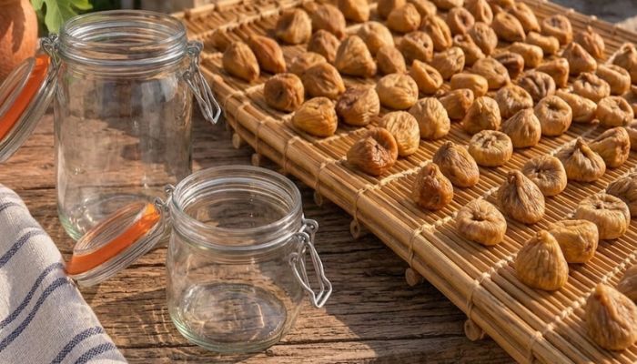 due vasi di vetro vuoti con chiusura ermetica accanto a fichi secchi