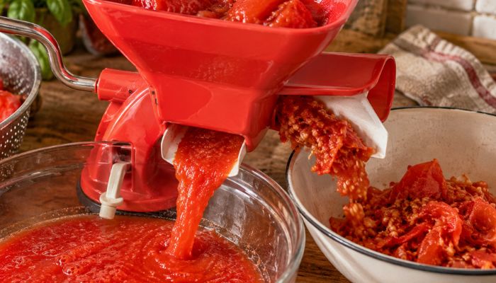 Passapomodoro manuale mentre trasforma pomodori sbollentati in passata, raccolta in un recipiente sottostante, con bucce e semi separati in una ciotola