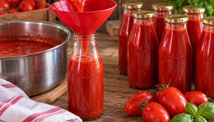 Passata di pomodoro versata attraverso un imbuto rosso in una bottiglia di vetro, con altre bottiglie di passata sul tavolo.