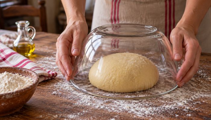 inpasto della sfoglia dei calzoncelli che riposa prima di essere utilizzata