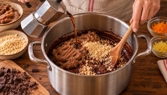Purea di castagne, ceci tostati sfarinati e caffè aggiunti al cioccolato e al vincotto per il ripieno dei calzoncelli lucani